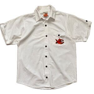 Pirana Joe Short Sleeve Shirt Men's M White 2-Sided Graphic Placket Buttons